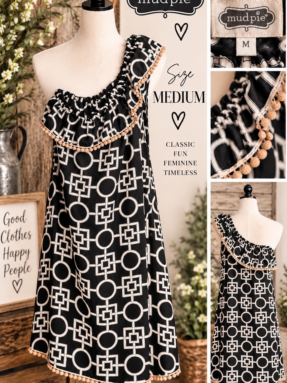 Mud Pie Black and White One-Shoulder Midi Dress with Tan Pom Trim